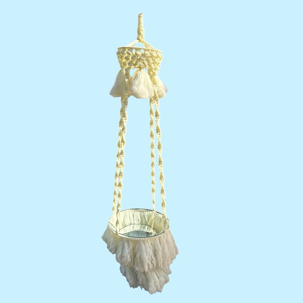 Vtg 1970s Macrame Hanging Glass Table Plant Holder Decor Display XL 5.5 Ft Tall